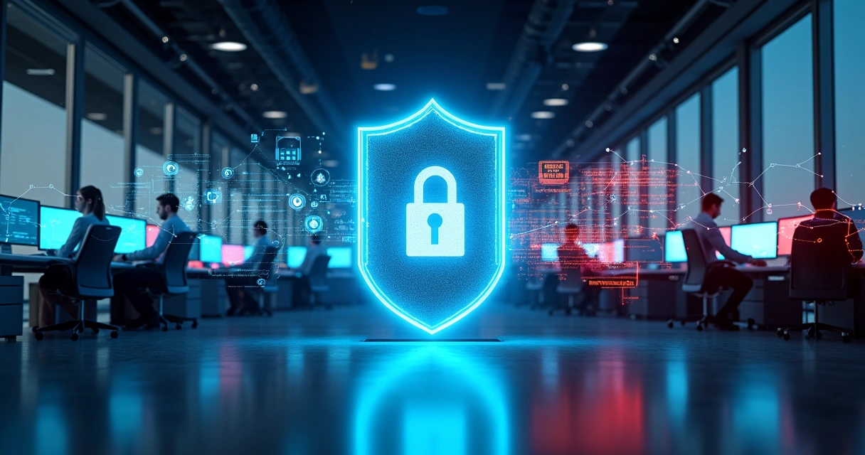 Painel de firewall protegendo rede corporativa com equipe de TI ao fundo