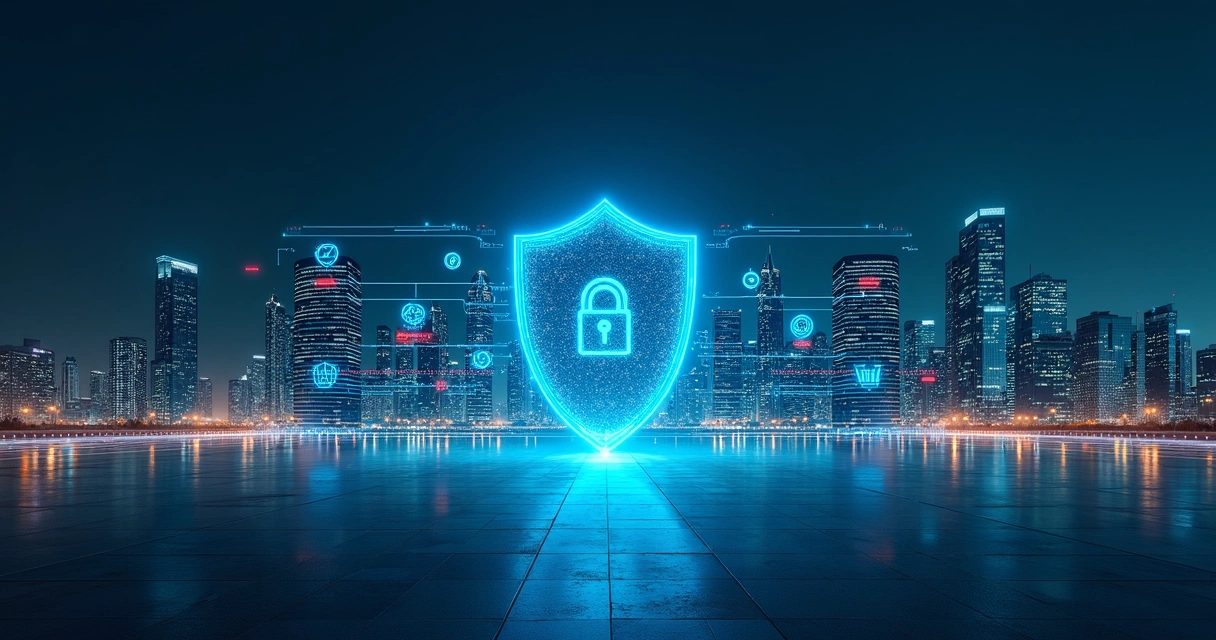 Escudo digital azul protegendo prédios corporativos e dados em rede