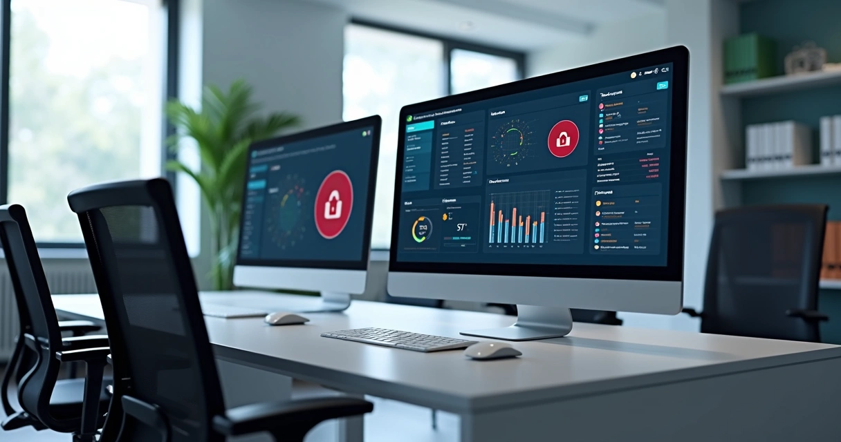 Computadores em escritório com tela de gerenciamento centralizado de antivírus exibida