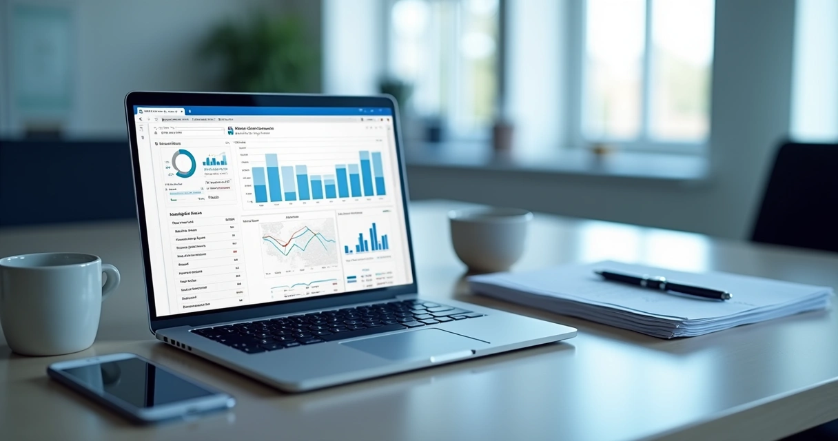 Mesa de escritório com laptop aberto mostrando painel de gestão de licenças Microsoft 365, ao lado smartphone e documentos organizados