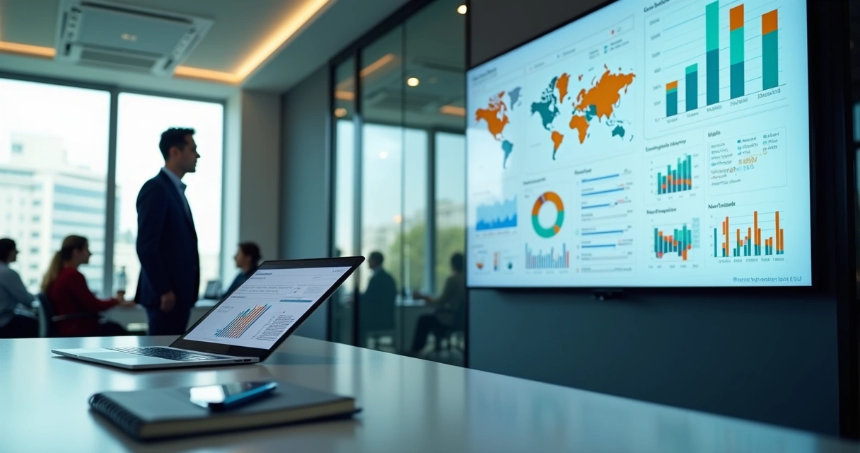 Gestor analisando dashboards de BI em tempo real em um escritório moderno