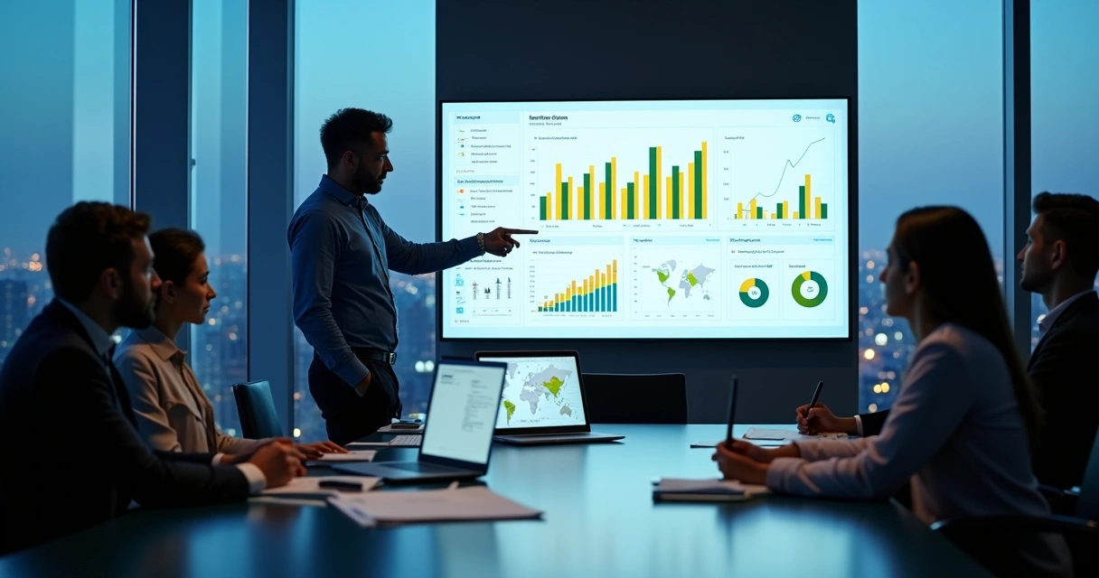 Gestor analisa painel avançado do Power BI em tela ampla no escritório