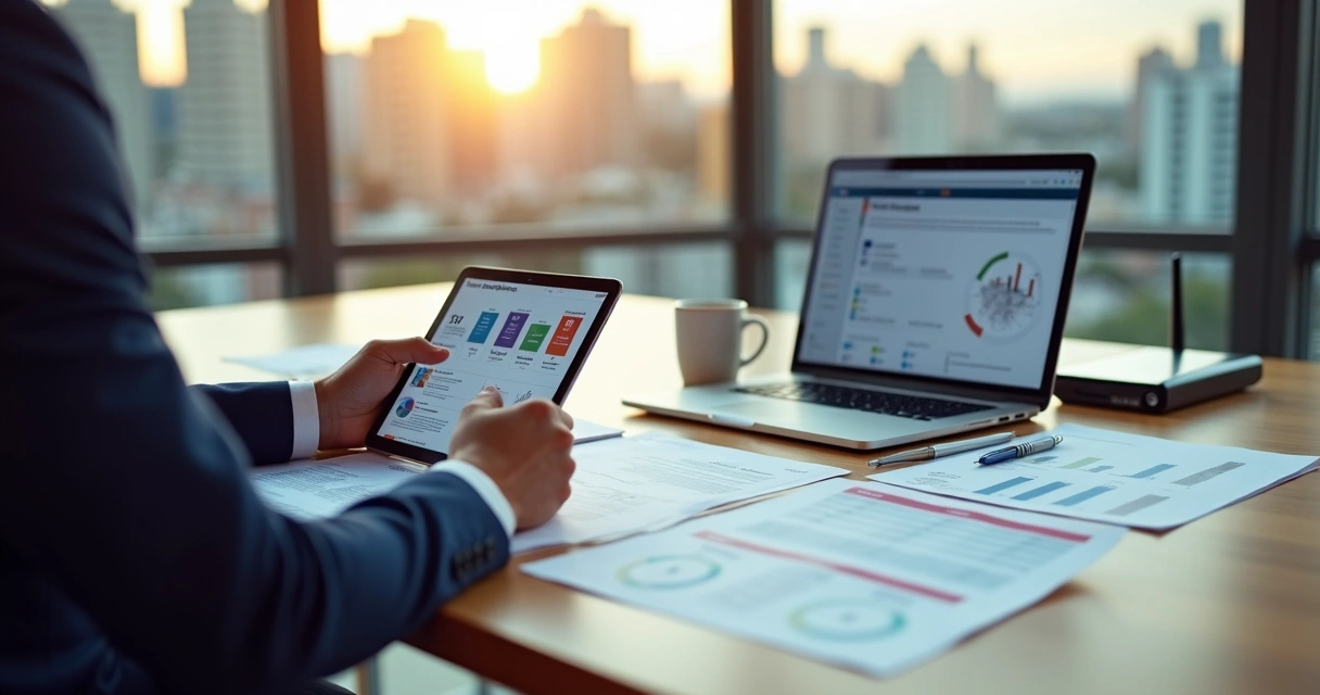 Gestor avaliando propostas de empresas de suporte de TI na mesa de reunião