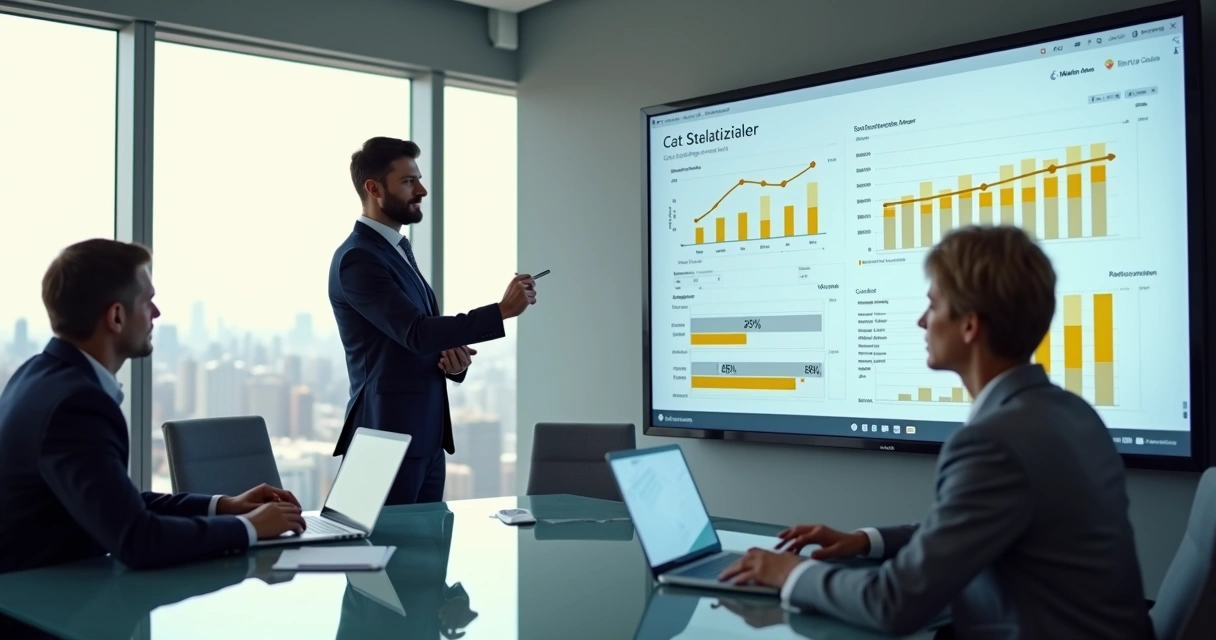 Gestor analisa painel de custos do Power BI em tela gigante