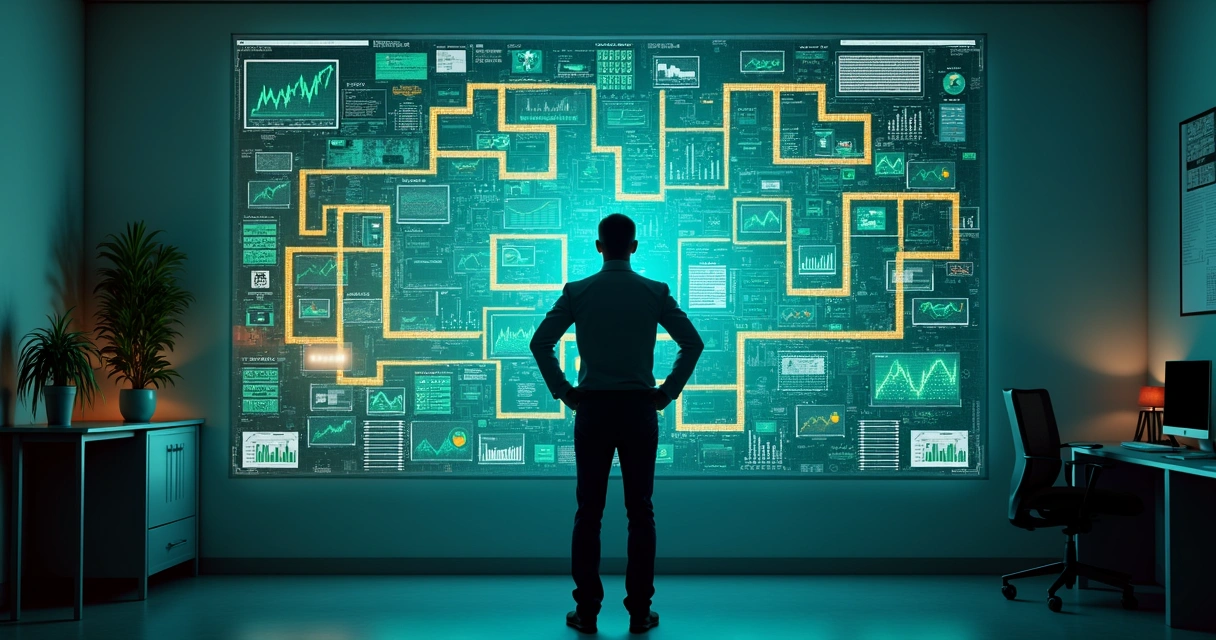 Gestor de PME diante de labirinto de dados projetado em painel digital gigante