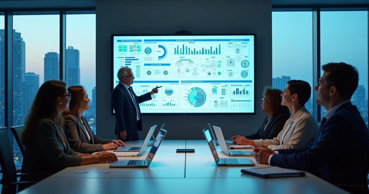 Equipe analisando painel de governança de dados em ambiente corporativo moderno