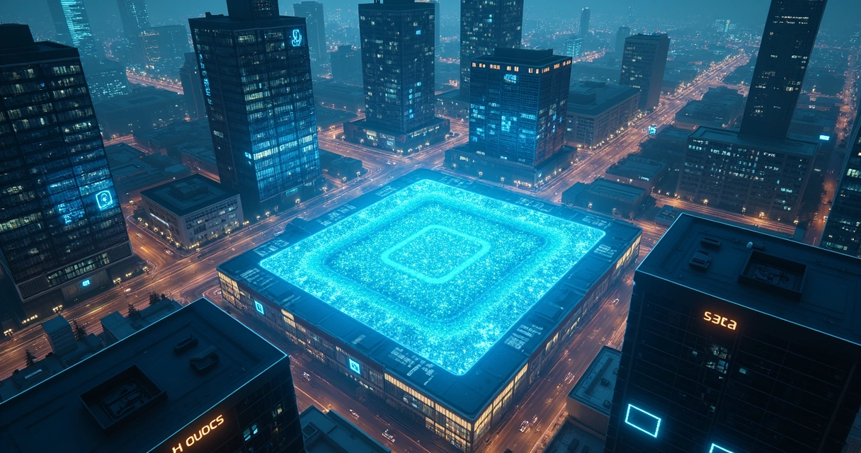 Cidade digital noturna com rede de dados organizada sobre grandes prédios corporativos