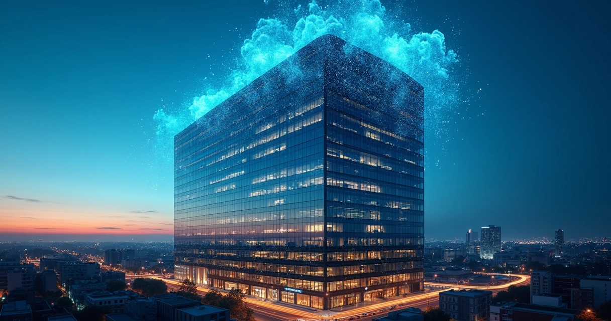 Prédio corporativo com fachada digital em nuvem azul representando infraestrutura em Azure