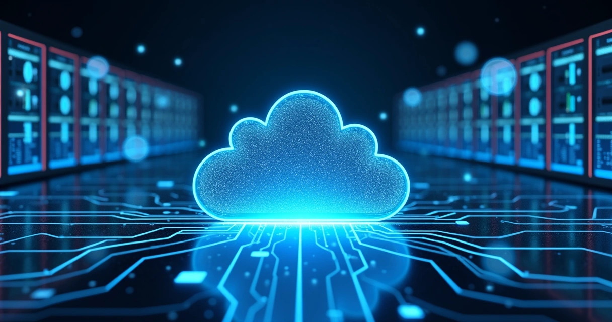 Visão futurista de servidores digitais conectados à nuvem Azure com gráficos de dados e ícones de segurança da informação ao fundo