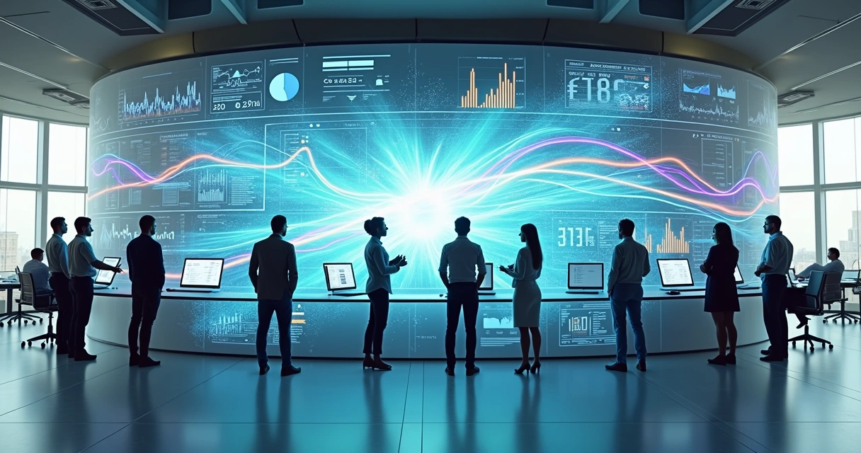 Equipe diversa conectando fluxos de dados coloridos em um grande painel digital