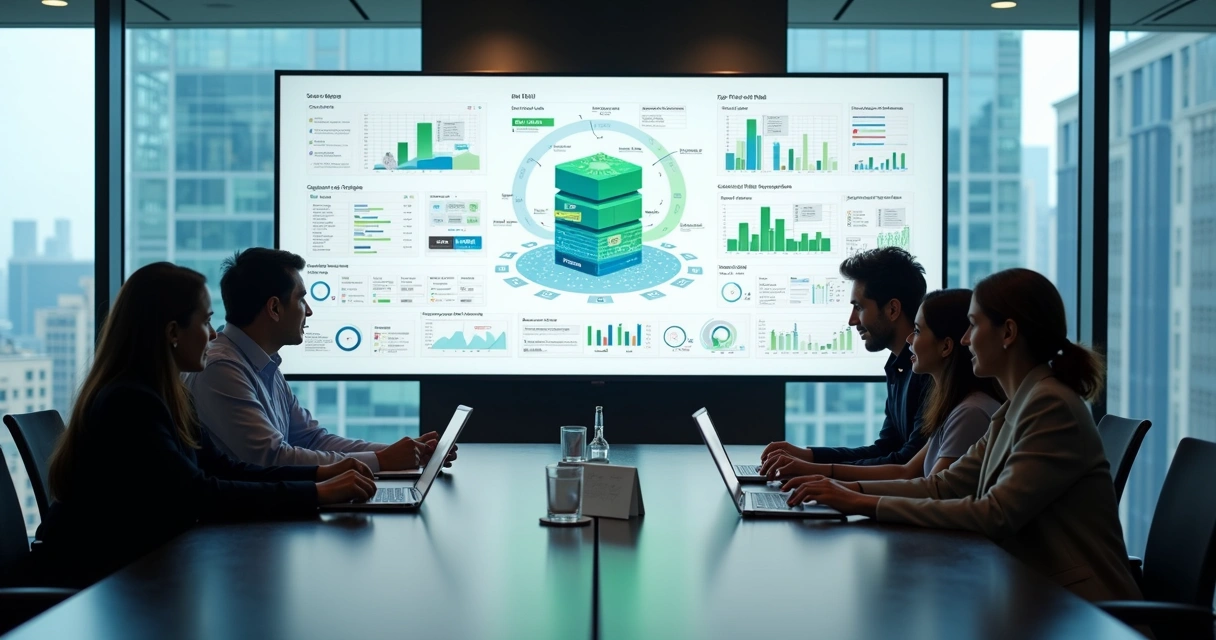 Dashboard centralizado integrando dados de ERP e CRM em ambiente corporativo moderno