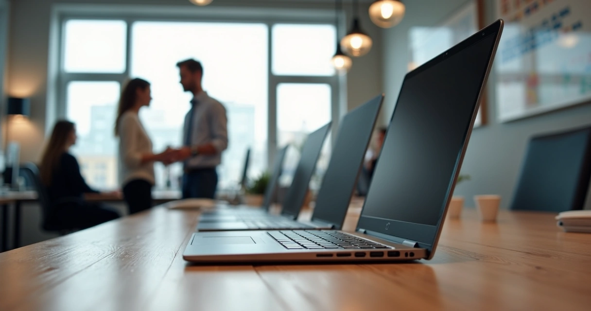 Notebooks empresariais alinhados sobre mesa moderna com profissionais trabalhando ao fundo