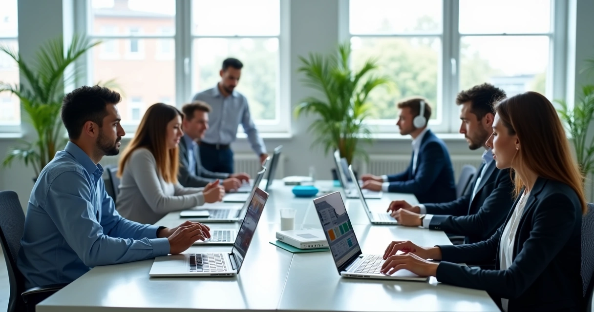 Mesas de escritório moderno com notebooks alinhados e pessoas trabalhando com tecnologia
