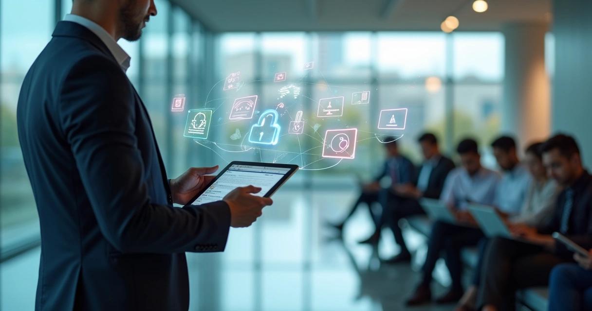 Profissional de TI controlando dispositivos móveis empresariais em painel digital