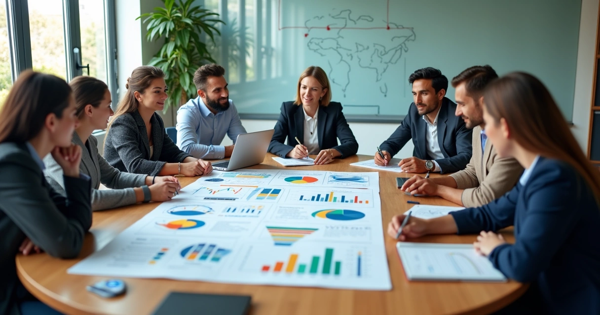 Equipe de vendas reunida em mesa circular analisando dashboard de BI impresso