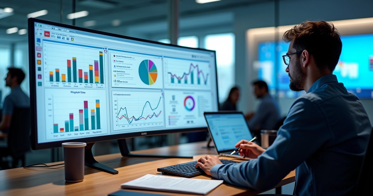 Profissional de TI analisando painel de BI durante migração para Microsoft Fabric