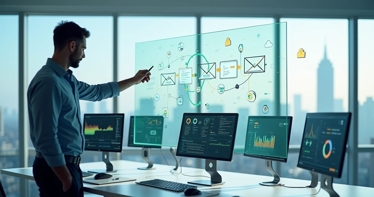 Profissional de TI verifica painel digital com fluxo organizado de migração de e-mail