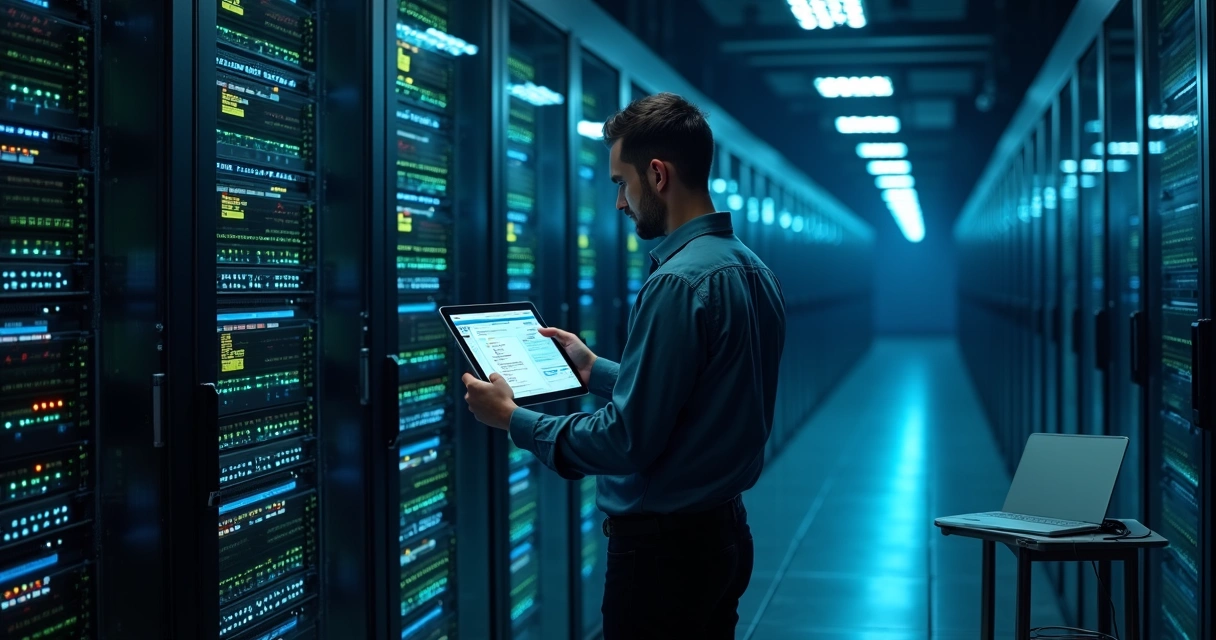 Profissional de TI verificando restauração de backup em rack de servidores