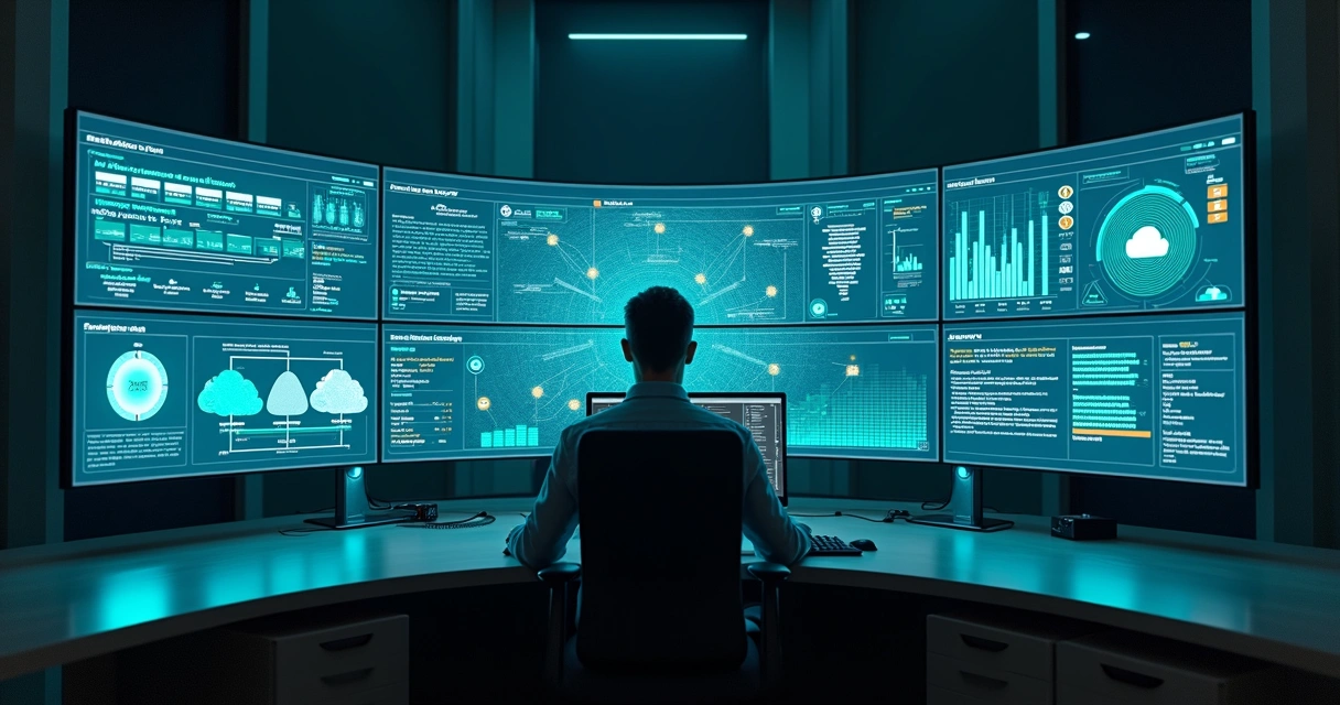 Profissional de TI monitora painel de backup corporativo com ícones de nuvem e proteção de dados