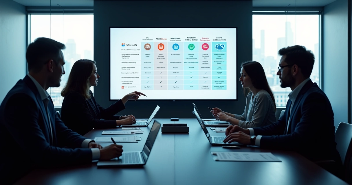 Painel digital comparando planos de licenciamento Microsoft 365 em ambiente corporativo