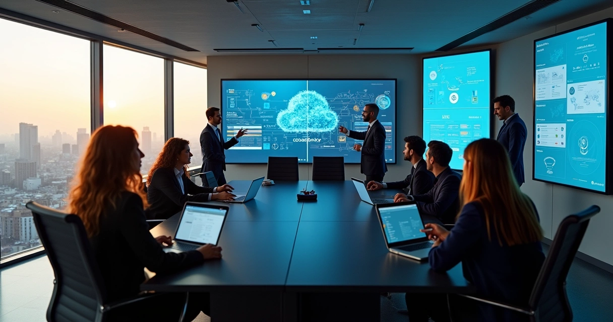 Sala corporativa em São Paulo com painéis digitais exibindo soluções Microsoft em nuvem