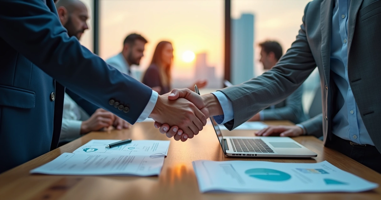 Parceiros de negócios apertando as mãos sobre contrato de suporte de TI terceirizado