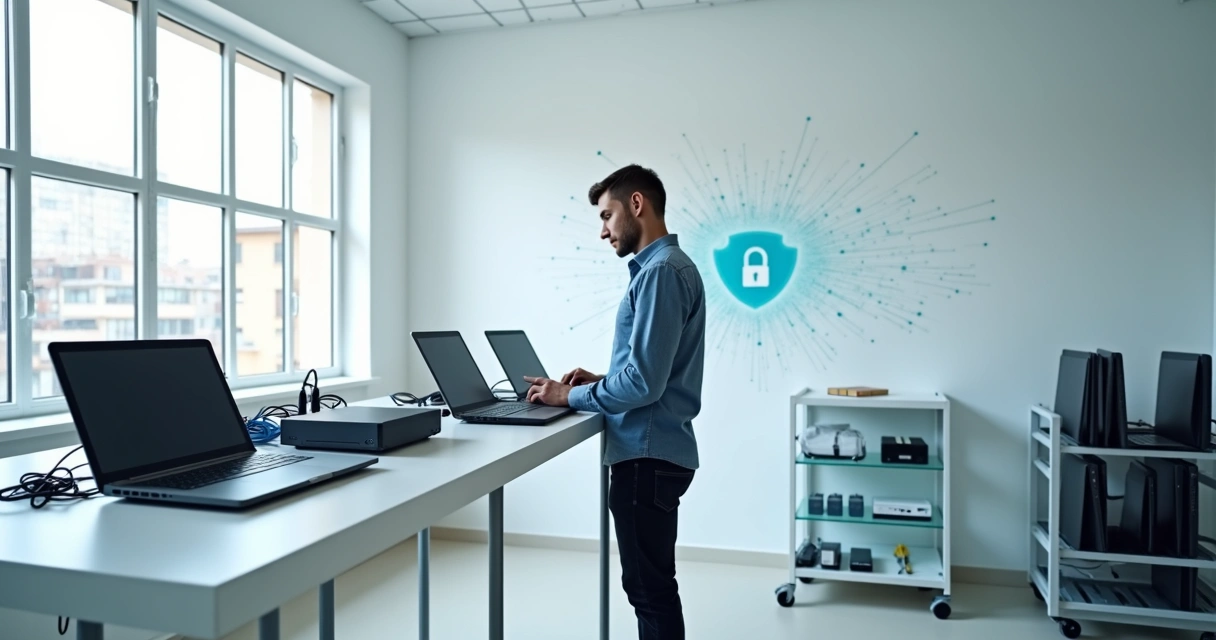 Profissional de TI configurando dispositivos empresariais conectados em rede