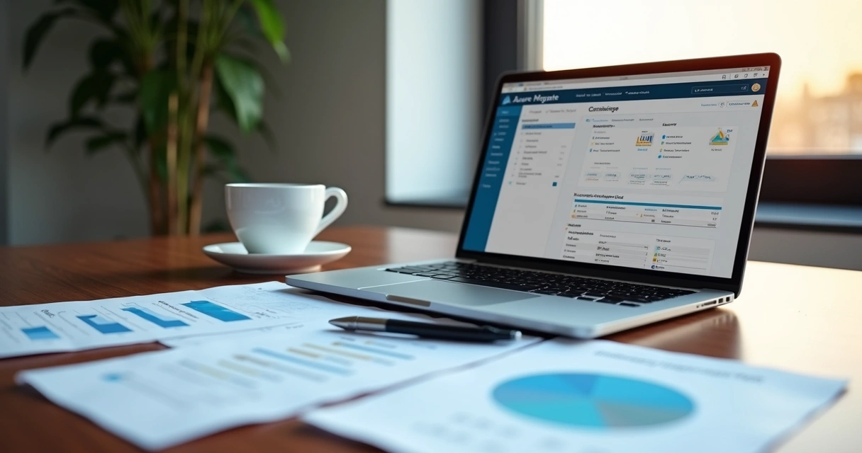 Mesa de trabalho com laptop exibindo painel de controle do Azure Migrate, papéis com mapas de dependência e gráficos de custos, caneta e café ao lado