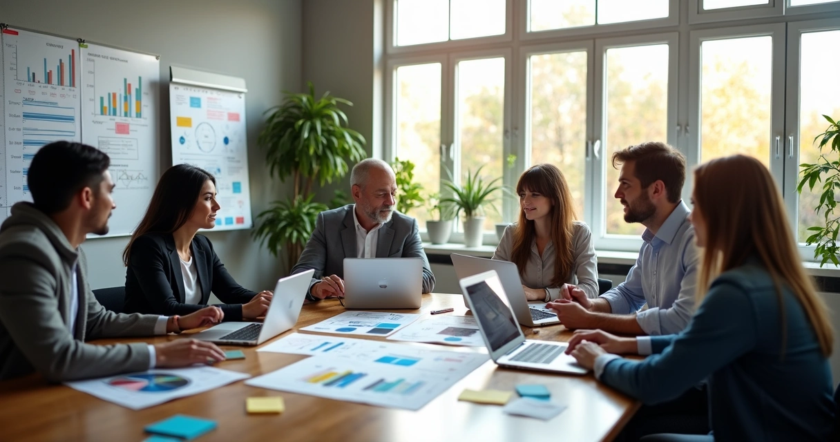 Equipe de profissionais reunida em sala moderna planejando um projeto de BI com laptops, gráficos e anotações em papel