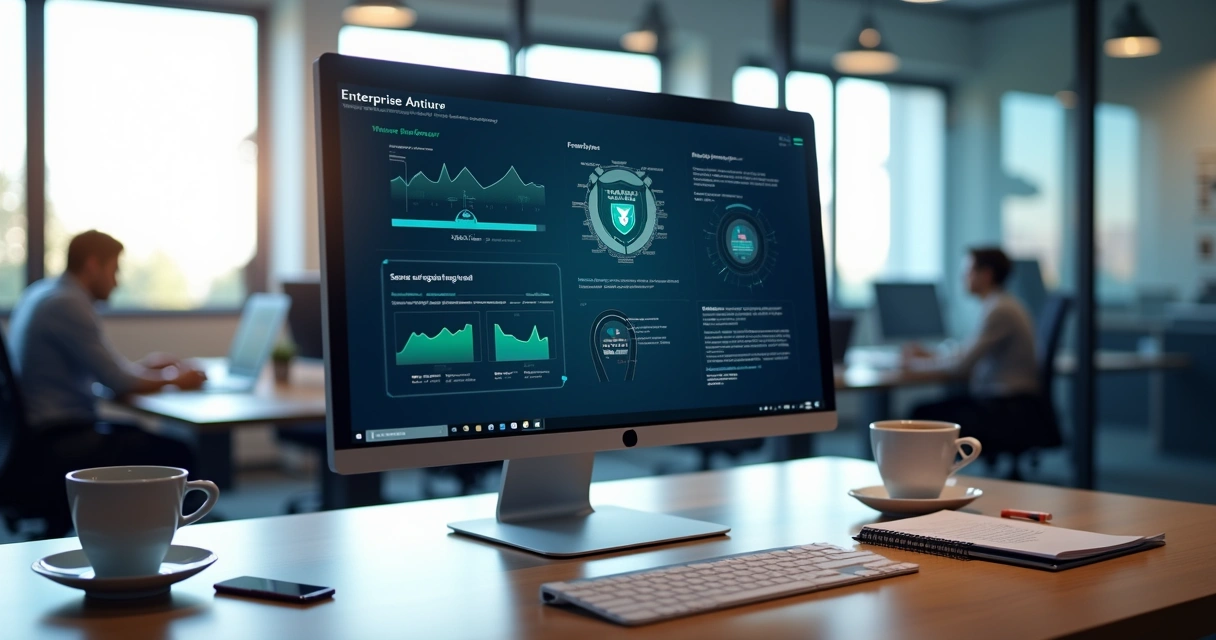 Tela de computador com interface de antivírus empresarial mostrando análises de segurança e firewall ativo