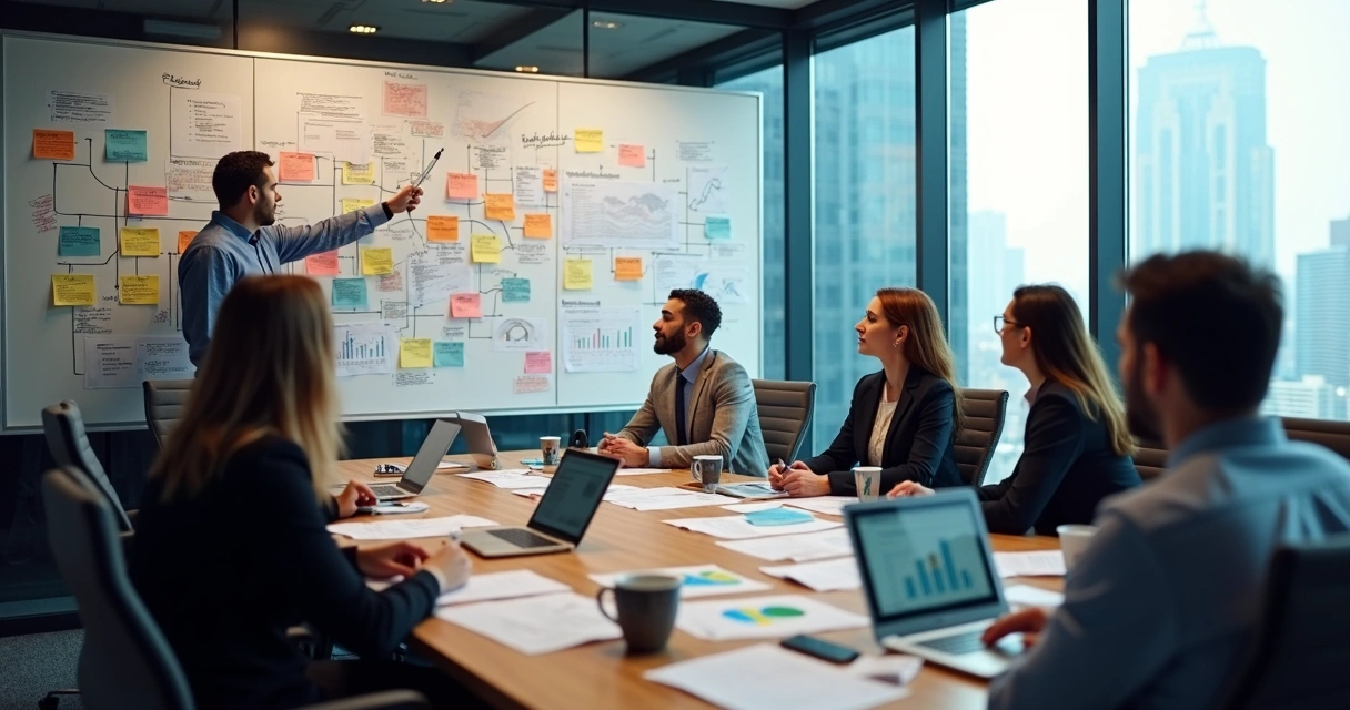 Equipe de negócios analisando murais com gráficos e anotações em uma sala envidraçada