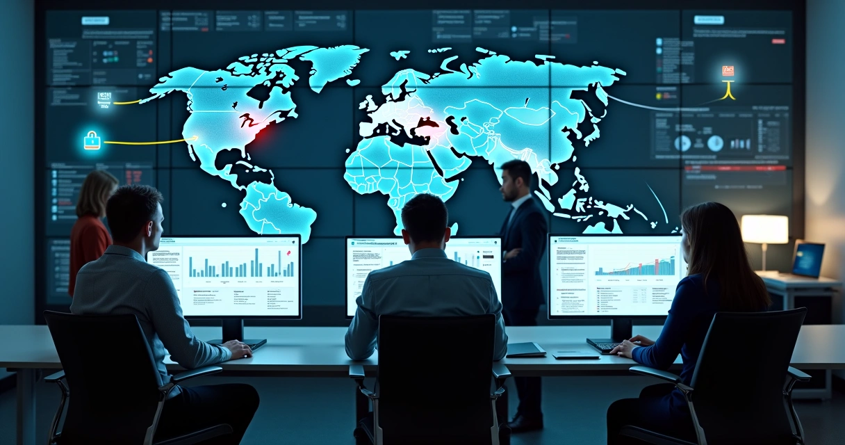 Painel de segurança corporativa com equipe monitorando antivírus empresarial em vários computadores