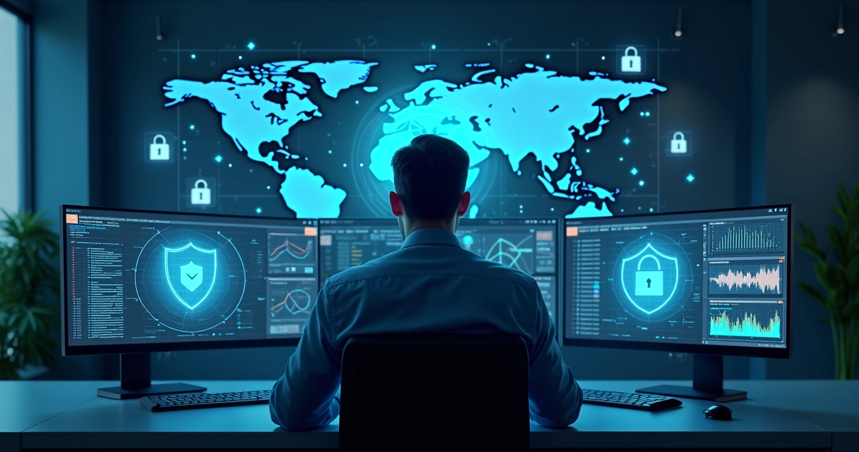 Profissional monitora painel de segurança digital com ícones de antivírus e cadeado