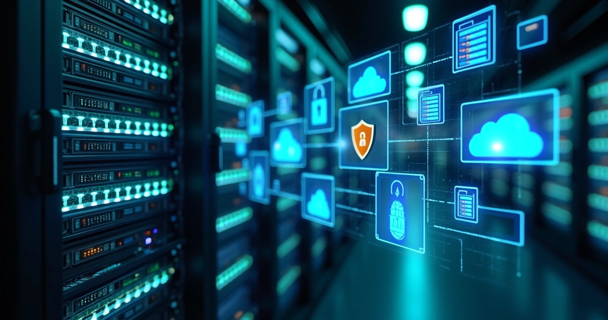 Servidor moderno com múltiplos discos rígidos e gráficos de backup executando proteção de dados na nuvem