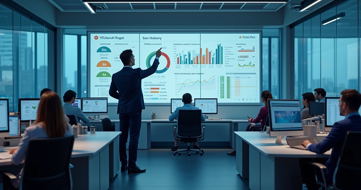 Gestor de TI definindo SLA em painel com indicadores de suporte empresarial