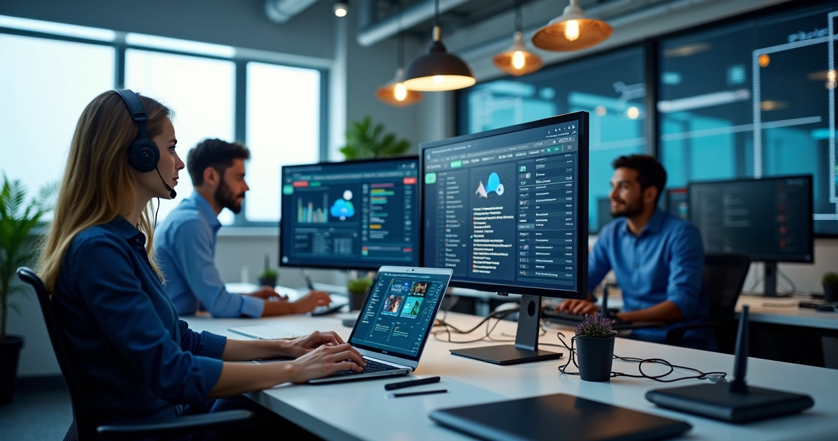 Equipe técnica de TI trabalhando em computadores com telas mostrando gráficos e sistemas de suporte remoto e atendimento presencial