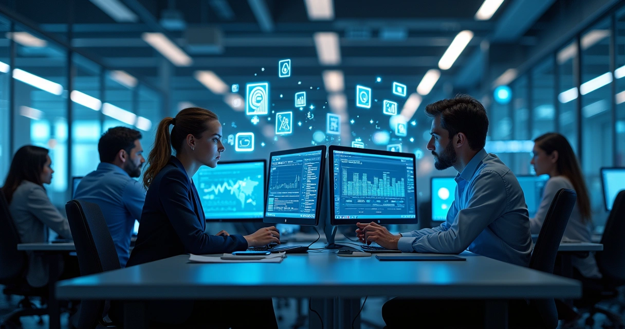 Equipe de suporte de TI trabalhando com múltiplas telas e softwares de monitoramento em escritório moderno