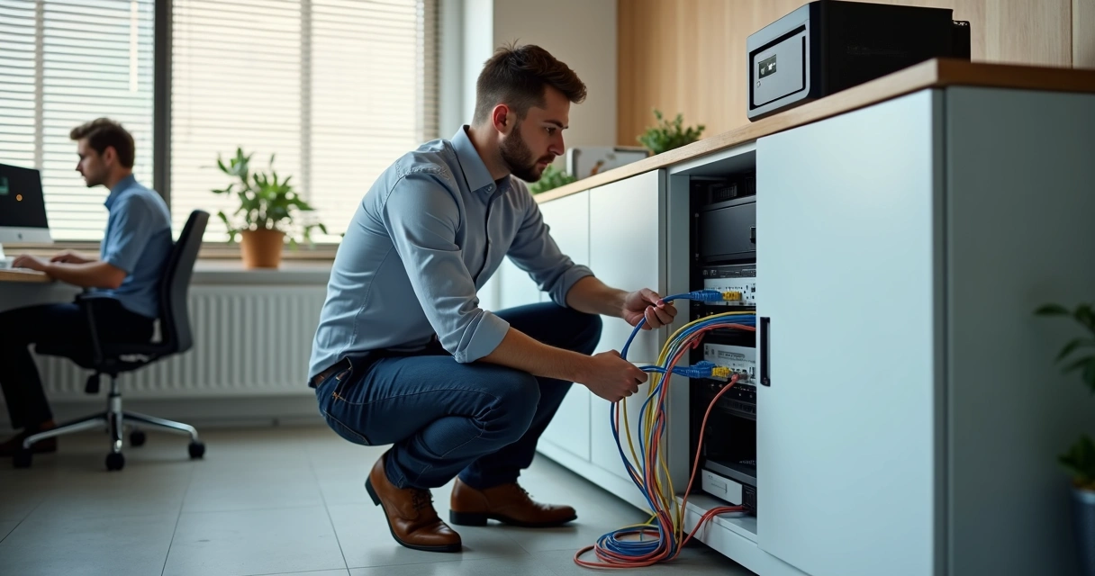 Técnico de suporte de informática configurando roteador em pequeno escritório empresarial