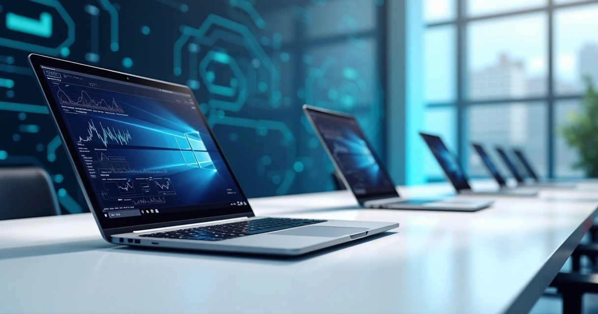 Notebooks corporativos modernos alinhados em mesa branca com fundo tecnológico azul
