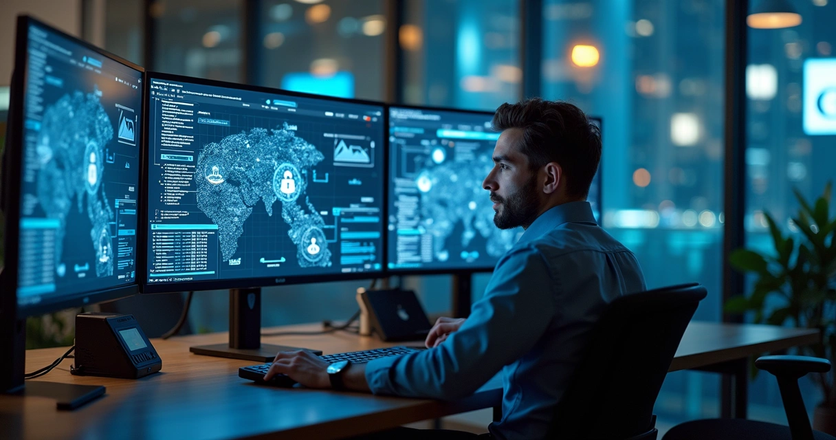 Profissional de TI trabalhando em computador com telas mostrando infraestrutura de rede e gráficos de segurança