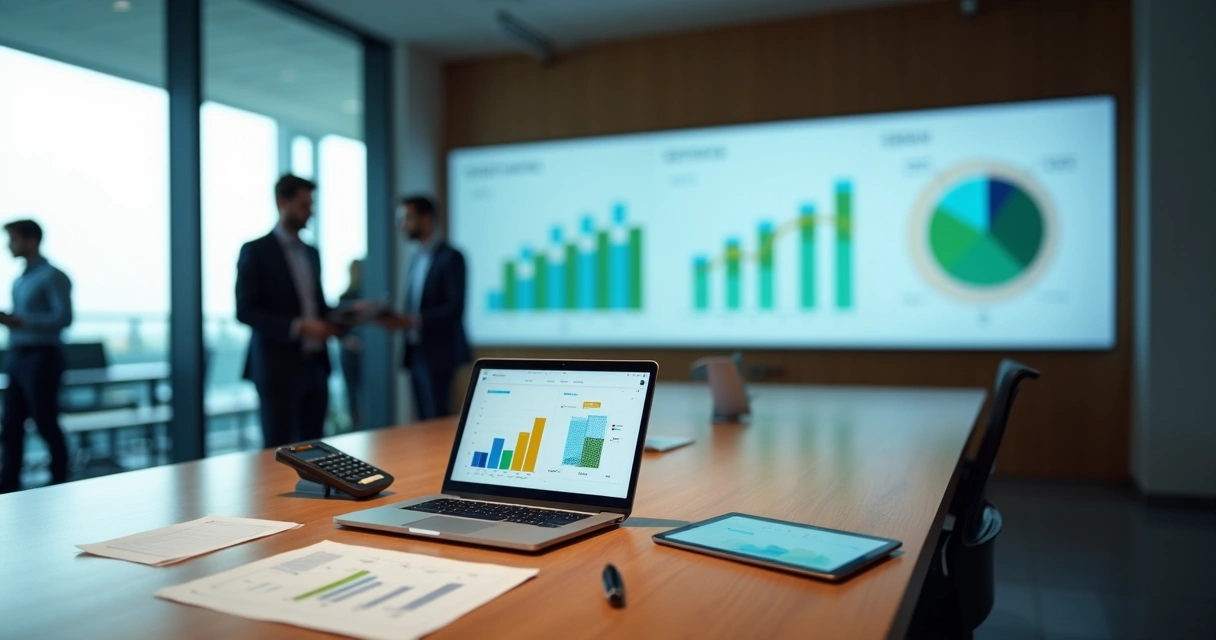 Profissional de finanças analisando métricas de BI da tesouraria em vários dispositivos